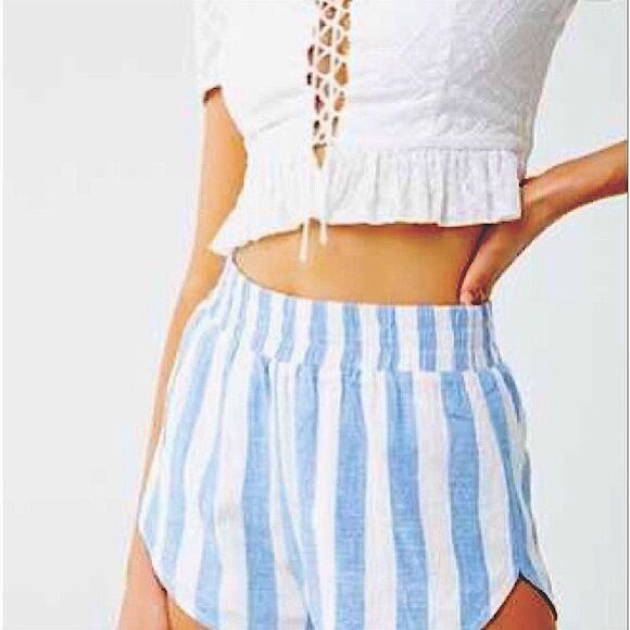 Forever 21 High Waist Linen Blend Casual Shorts Blue/White Cabana Stripe Small - Picture 1 of 12